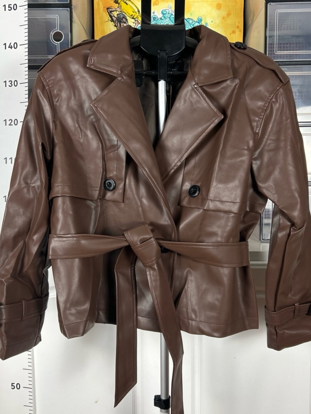 Women’s fall belted Brown faux leather jacket